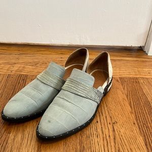 Freda Salvador Loafer in Mint, suede with croc details. Size 7.5
